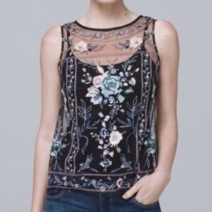 White House Black Market Top Womens Petite Small Embroidered Mesh Overlay Floral